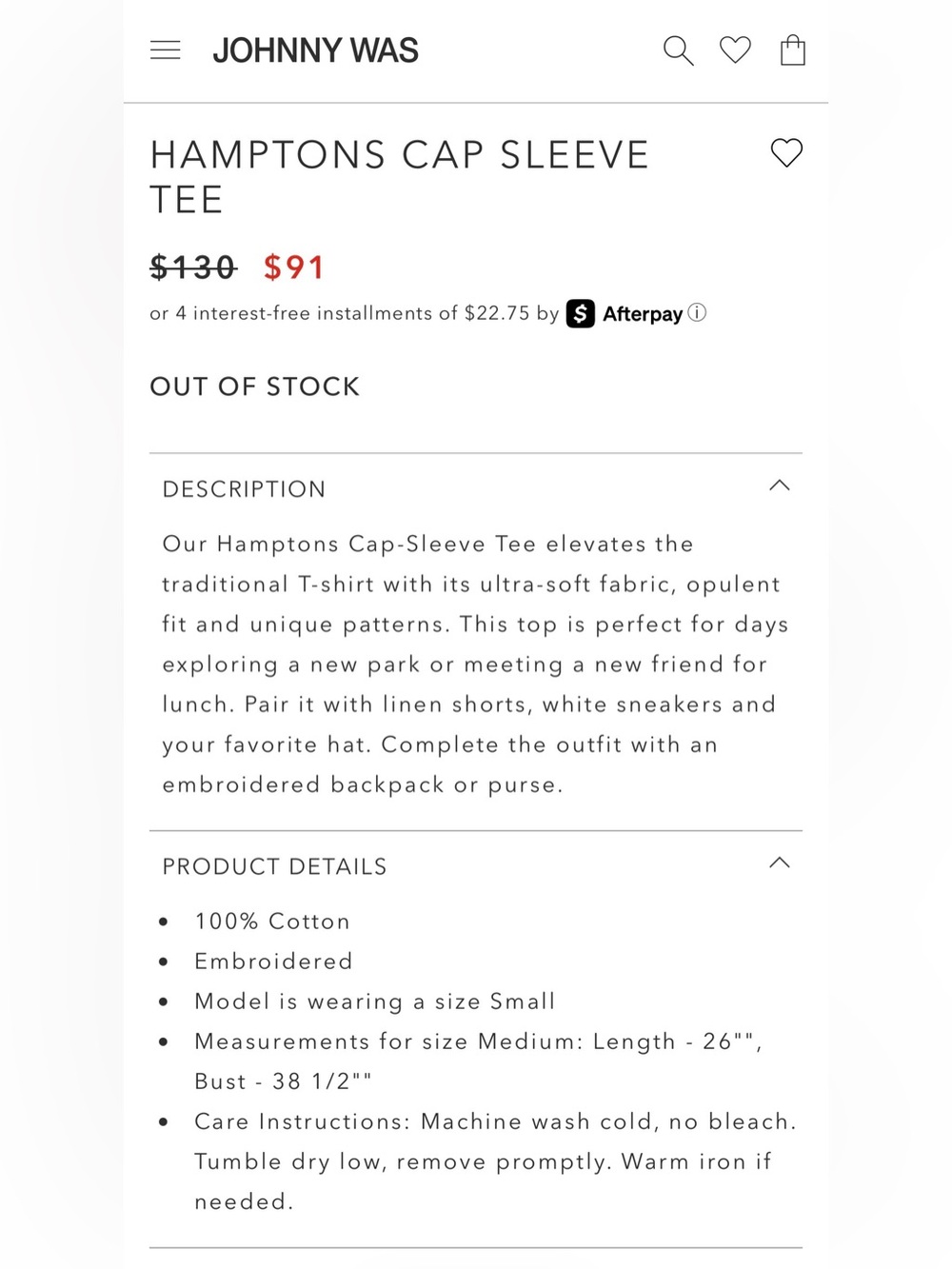 Johnny Was Hamptons Embroidered Cap Sleeve Tee - Picture 9 of 9